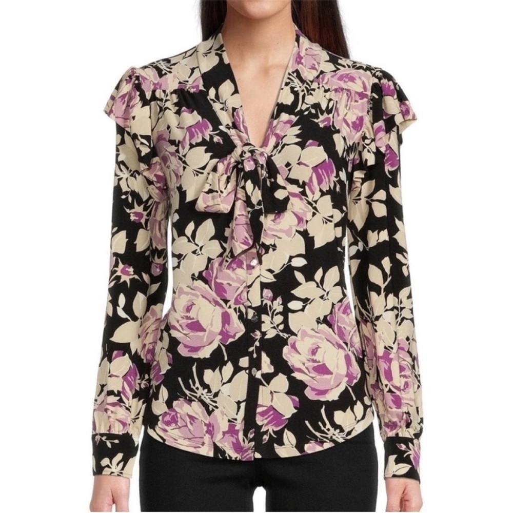 Lauren Ralph Lauren Floral Stretch Jersey
Tie-Neck Blouse Purple and Black